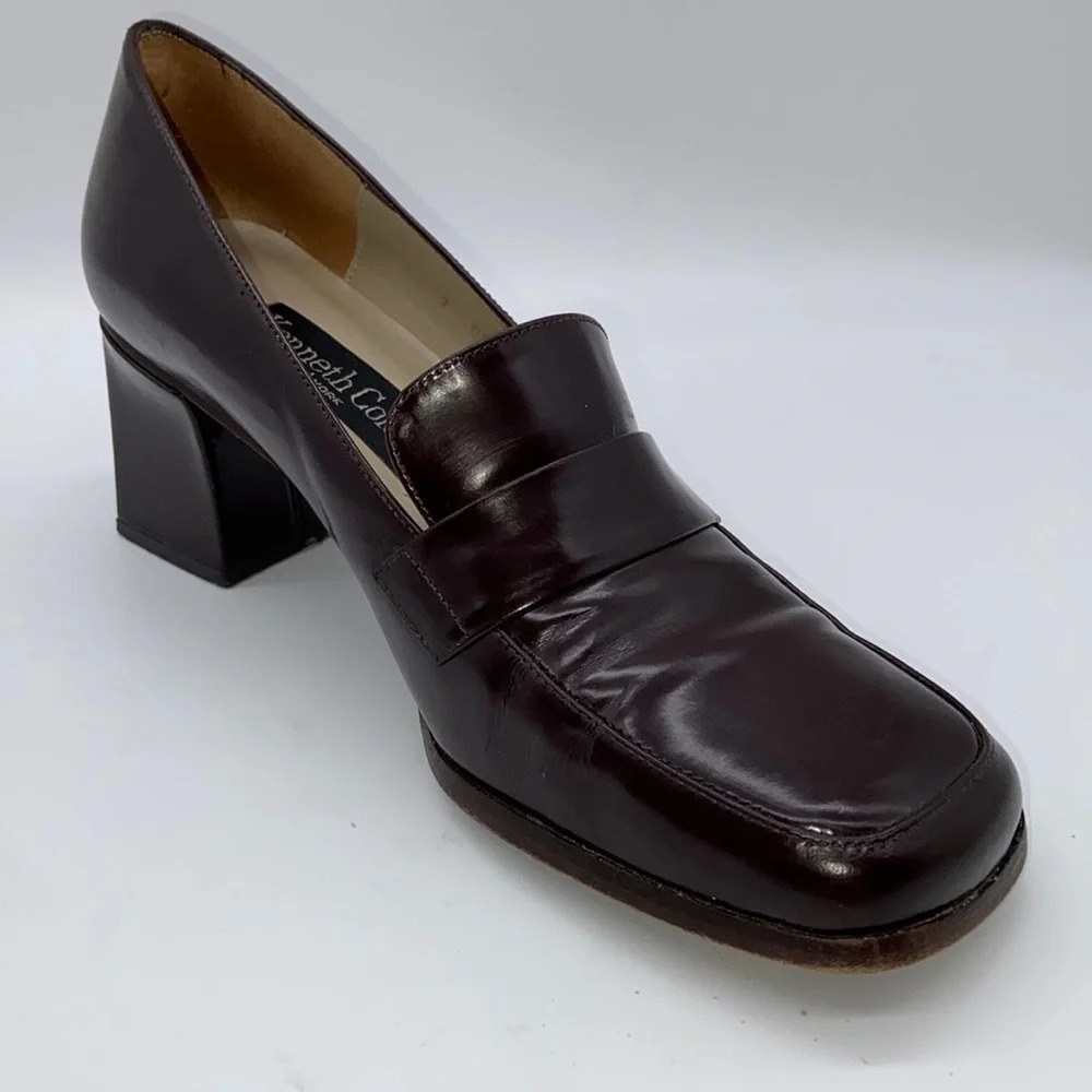 Kenneth Cole Brown Leather Square Toe Loafer Heels